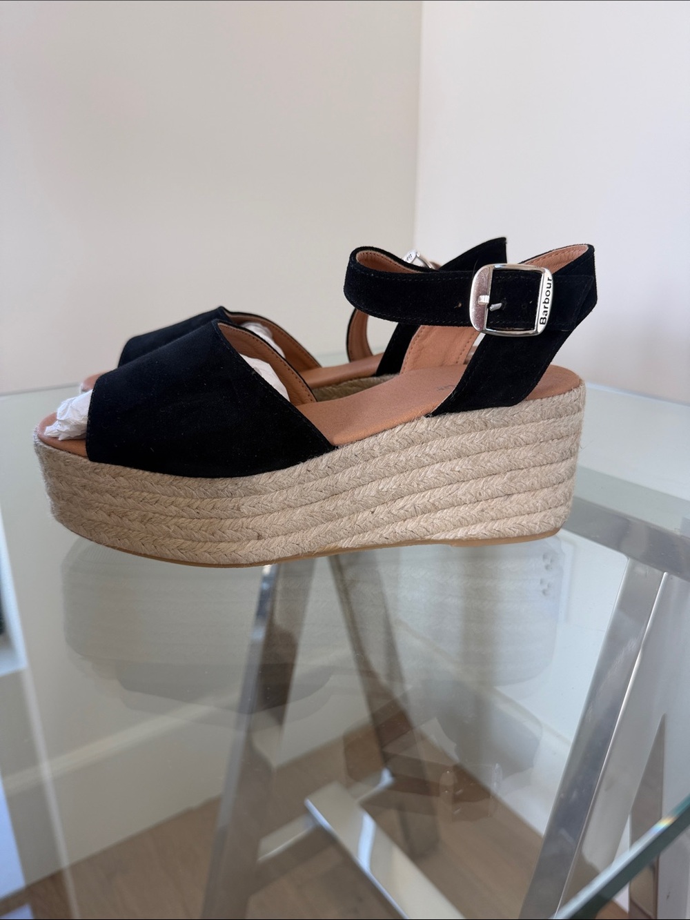 Barbour Black Suede Espadrille Platform Wedges